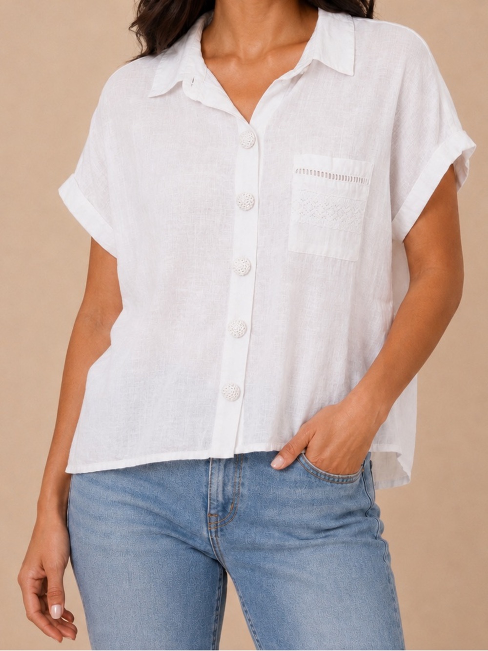 Joie | White Linen Button-Front Pocket Top | Size L | NWOT | Coastal Boho Resort
